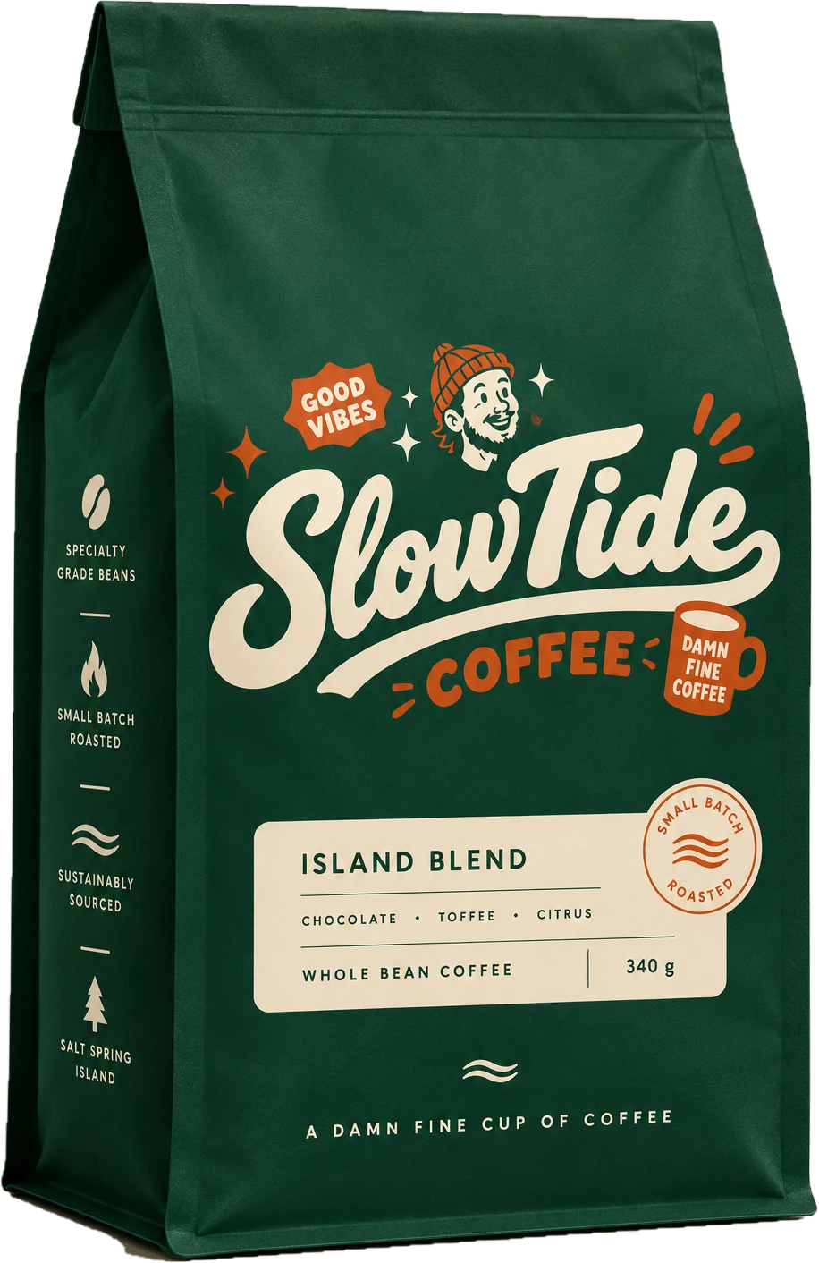 A green Slow Tide Island Blend coffee bag