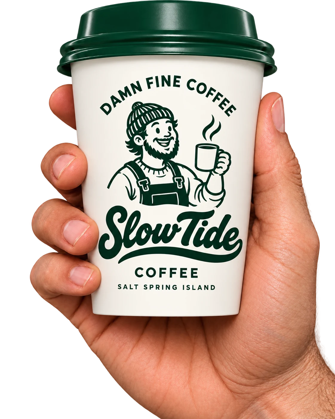 A hand holding a Slow Tide takeaway cup